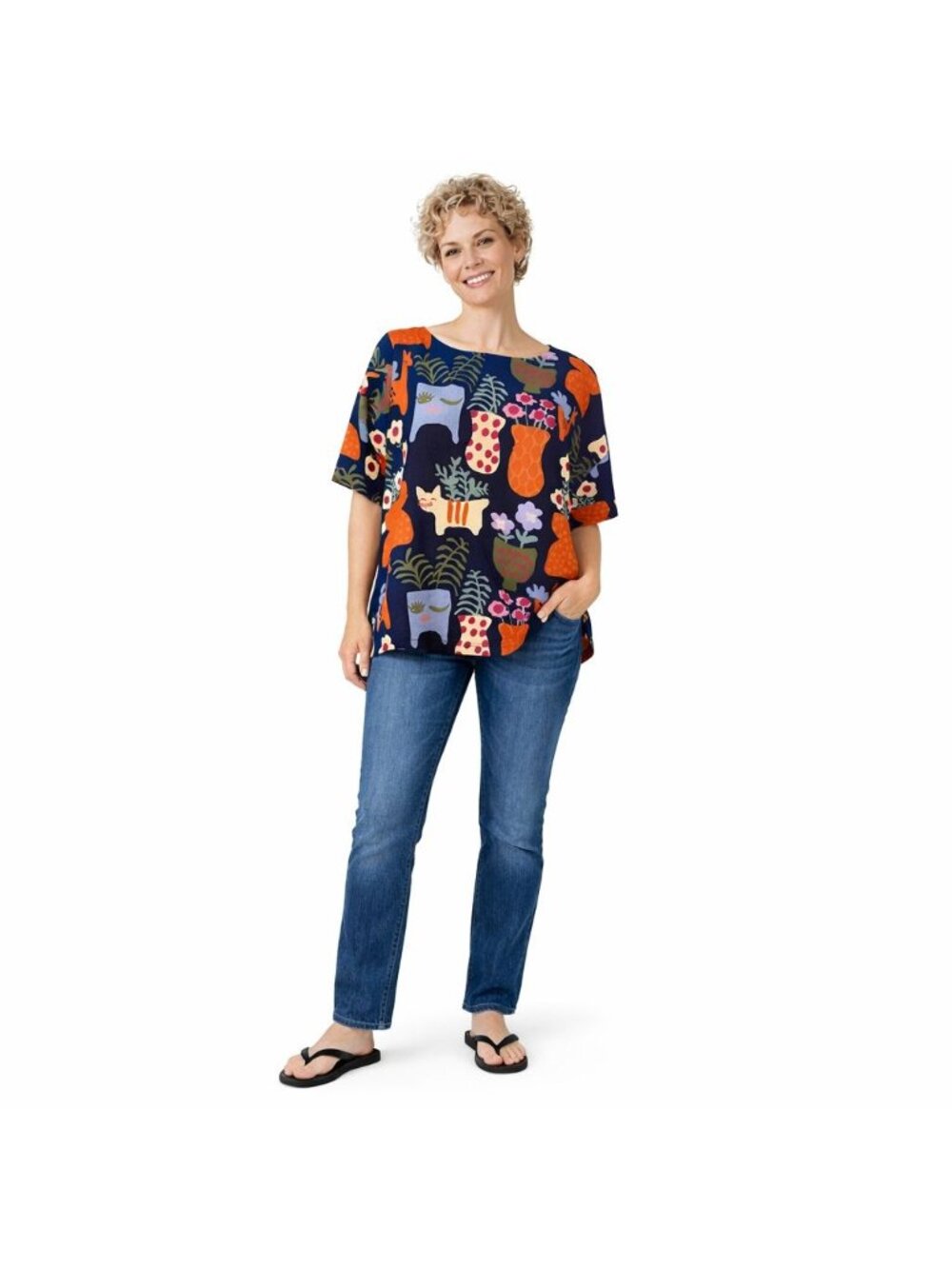 New Princess Highway Size 6 Cat Vase Print Top Relaxed Fit Short Sleeve
